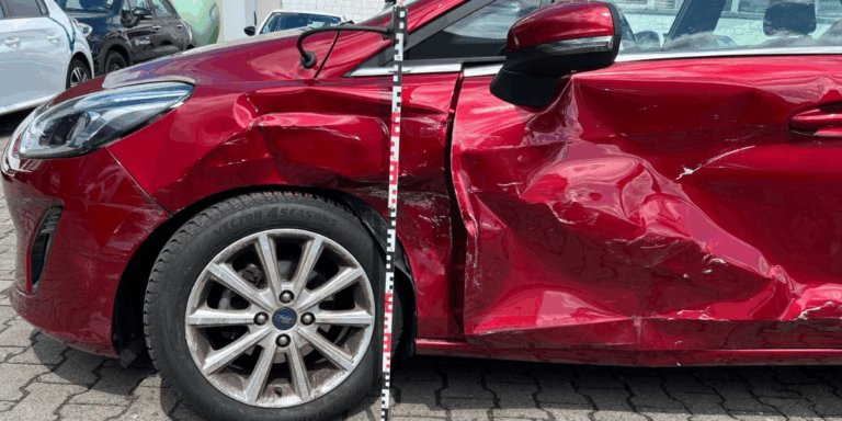 Unfallfahrzeug in Köln: stark verbeulte Tür eines roten Ford mit Messstab zur Begutachtung durch Kfz-Gutachter.
